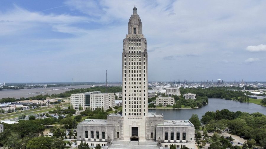 The Louisiana state Capitol stands prominently, April 4, 2023, in Baton Rouge, La. (AP Photo/Stephen Smith, File)