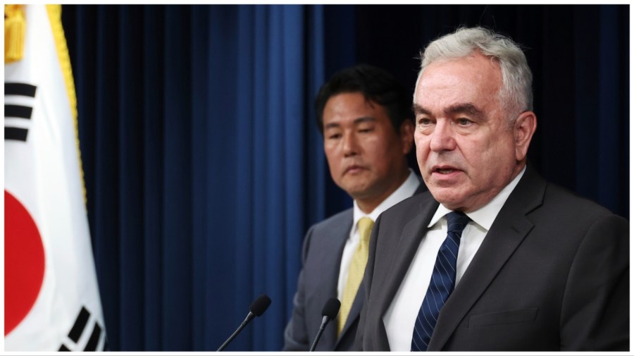 U.S. National Security Council Coordinator for Indo-Pacific Affairs Kurt Campbell, right, speaks as South Korea’s deputy national security director, Kim Tae-hyo looks on during a news conference at the Presidential Office in Seoul, South Korea, Tuesday, July 18, 2023. (Kim Hong-Ji/Pool Photo via AP)