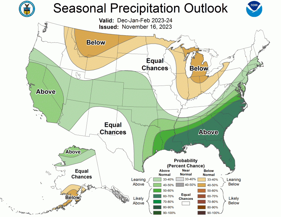 A map shows the temperature outlook across the country for the winter season in 2023-24. (Map: NOAA)
