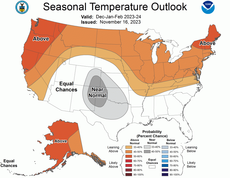 A map shows the temperature outlook across the country for the winter season in 2023-24. (Map: NOAA)