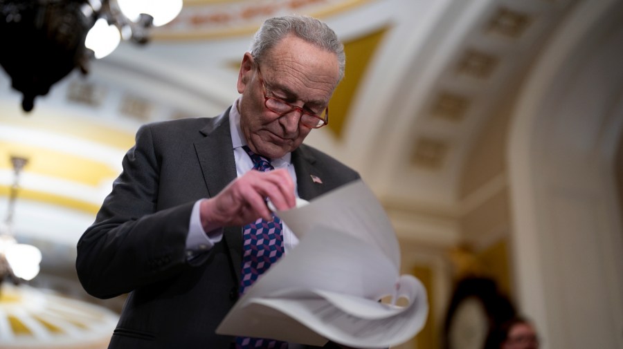 Senate Majority Leader Chuck Schumer, D-N.Y., looks over papers before he takes questions from reporters outside the Senate chamber, at the Capitol in Washington, Tuesday, Nov. 28, 2023.