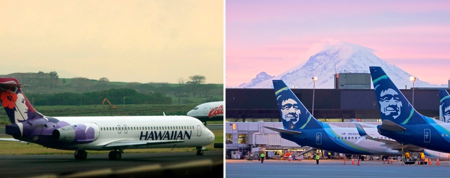 This combination of photos shows a Hawaiian Airlines plane at Kahalui, Hawaii, March 24, 2005, left, and Alaska Airlines planes March 1, 2021, in Seattle. Alaska Airlines announced Sunday, Dec. 3, 2023, that it will buy Hawaiian Airlines for $1.9 billion. That's raising questions about how antitrust regulators will view the deal, and whether past airline mergers have hurt consumers. (AP Photo/Lucy Pemoni, Ted S. Warren)