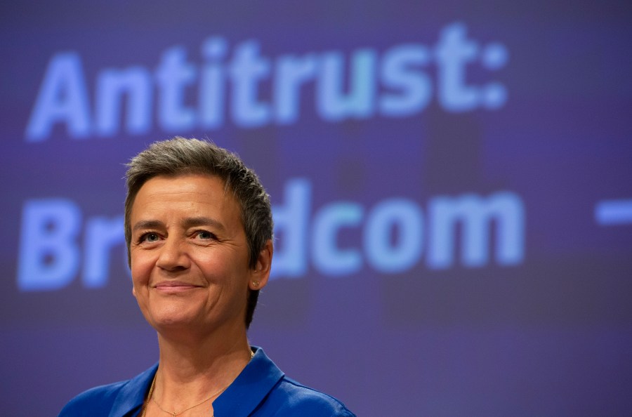 FILE - European Commissioner for Competition Margrethe Vestager speaks during a media conference regarding an anti-trust decision on Broadcom at EU headquarters in Brussels, Wednesday, Oct. 16, 2019. Margrethe Vestager, the European Union’s Commission’s powerful antitrust chief who took unpaid leave to seek the top job at European Investment Bank, is returning to the EU’s executive arm for the next few months, Denmark's government said Friday, Dec. 8, 2023. (AP Photo/Virginia Mayo, File)