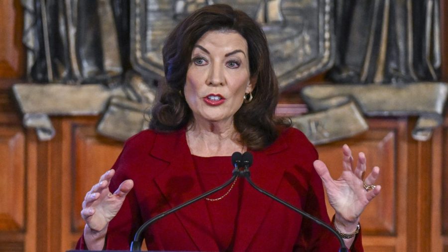 FILE - New York Gov. Kathy Hochul speaks at the state Capitol, Feb. 1, 2023, in Albany, N.Y. On Saturday, Dec. 9, 2023, Hochul called on the state's colleges and universities to swiftly address cases of antisemitism and what she described as any “calls for genocide” on campus. (AP Photo/Hans Pennink, File)