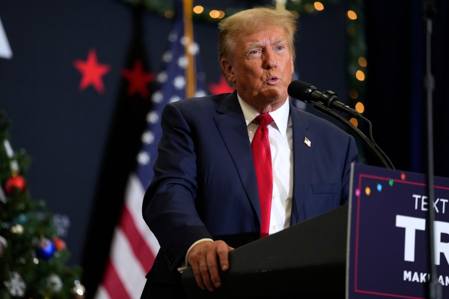 FILE - Former President Donald Trump speaks during a commit to caucus rally, Tuesday, Dec. 19, 2023, in Waterloo, Iowa. Republican U.S. Senate candidate Bernie Moreno has landed Donald Trump's endorsement in the GOP race for a 2024 contender to unseat third-term Democrat Sherrod Brown, one of his party's most vulnerable incumbents. The former president and 2024 presidential candidate backed Moreno, a wealthy Cleveland businessman, in a post on his social media network, Truth Social, Tuesday. (AP Photo/Charlie Neibergall, File)