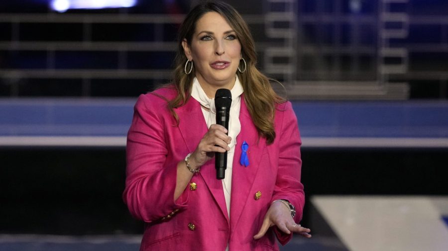 Ronna McDaniel speaks before a Republican presidential primary debate hosted by NBC News in 2023 in Miami.