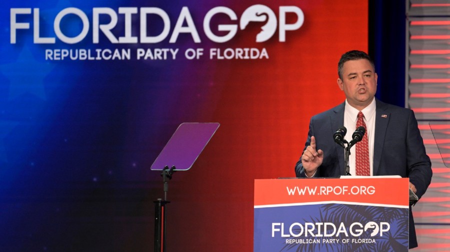 Christian Ziegler addresses attendees at the Republican Party of Florida Freedom Summit, Nov. 4, 2023, in Kissimmee, Fla.