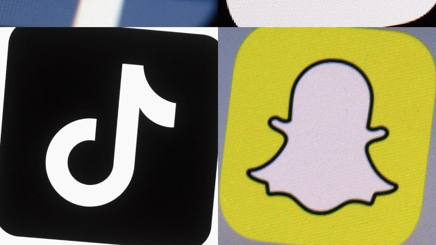 The logos of Facebook, YouTube, TikTok and Snapchat are arranged in a collage.