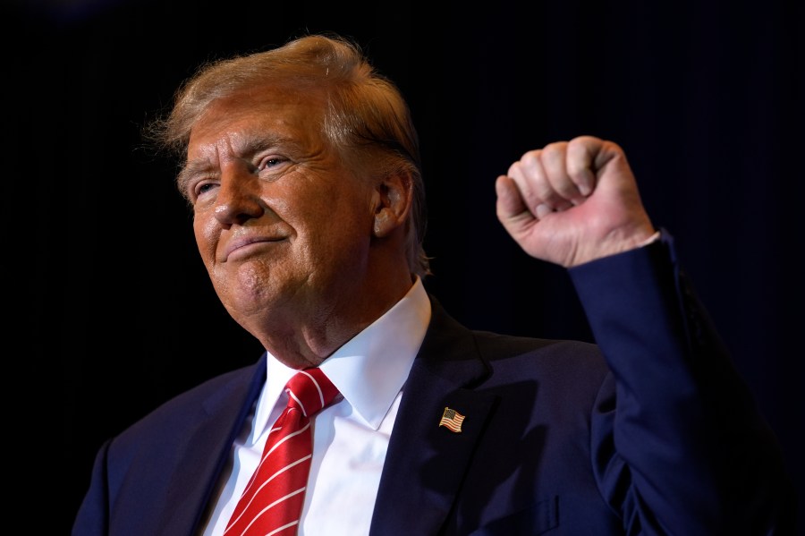 Republican presidential candidate former President Donald Trump gestures after speaking at a campaign event in Concord, N.H., Friday, Jan. 19, 2024. (AP Photo/Matt Rourke)