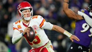 Kansas City Chiefs quarterback Patrick Mahomes (15) looks to pass during the second half of the AFC Championship NFL football game against the Baltimore Ravens, Sunday, Jan. 28, 2024, in Baltimore.