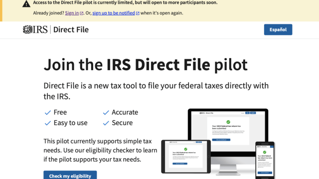 A screenshot of web page ecnourages users to join the IRS Direct File pilot.