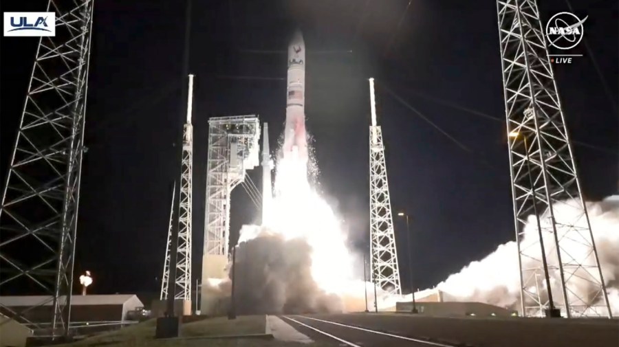 In this image made from NASA video, United Launch Alliance’s Vulcan rocket with Astrobotic Technology's lander onboard is launched from Cape Canaveral Space Force Station in Florida, Monday, Jan 8, 2024.