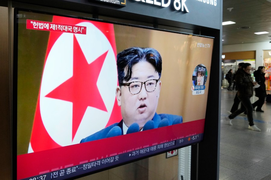 A TV screen shows an image of North Korean leader Kim Jong Un during a news program at the Seoul Railway Station in Seoul, South Korea, Tuesday, Jan. 16, 2024.