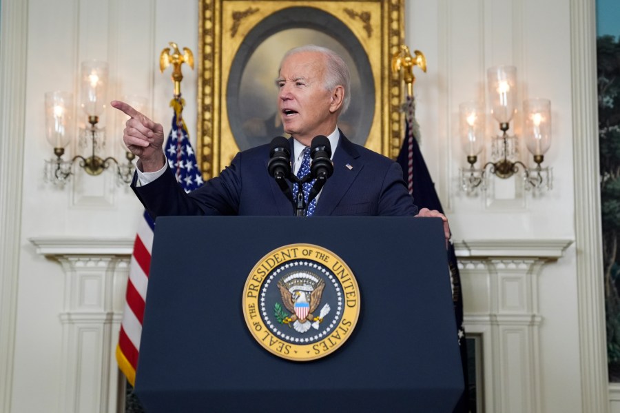 President Joe Biden speaks in the Diplomatic Reception Room of the White House, Tuesday, Feb. 8, 2024, in Washington. (AP Photo/Evan Vucci)