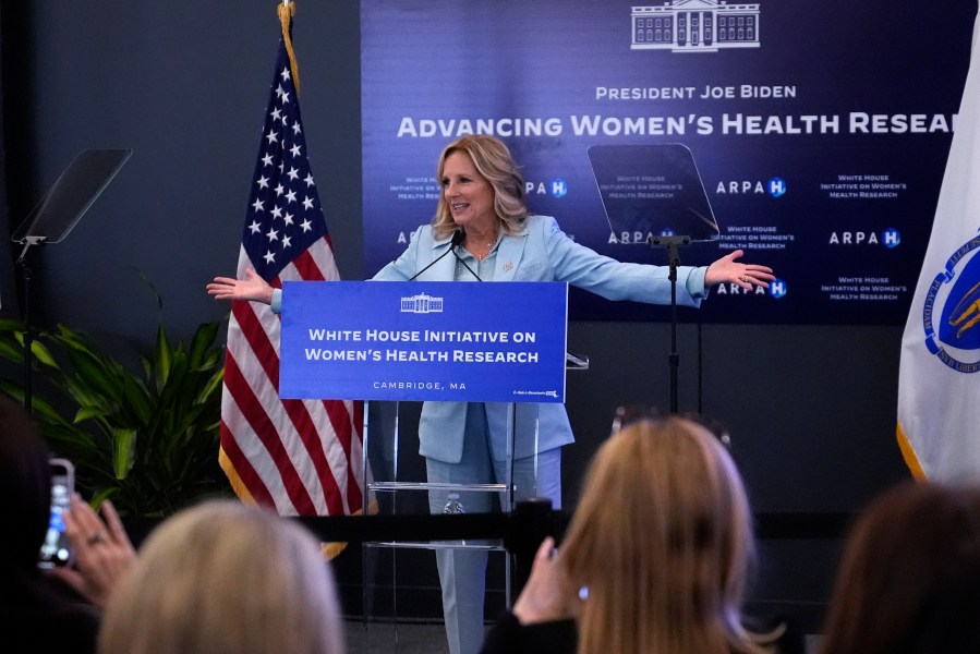 First lady Jill Biden addresses a gathering during a discussion on women's health research, Wednesday, Feb. 21, 2024, in Cambridge, Mass. (AP Photo/Charles Krupa, Pool)