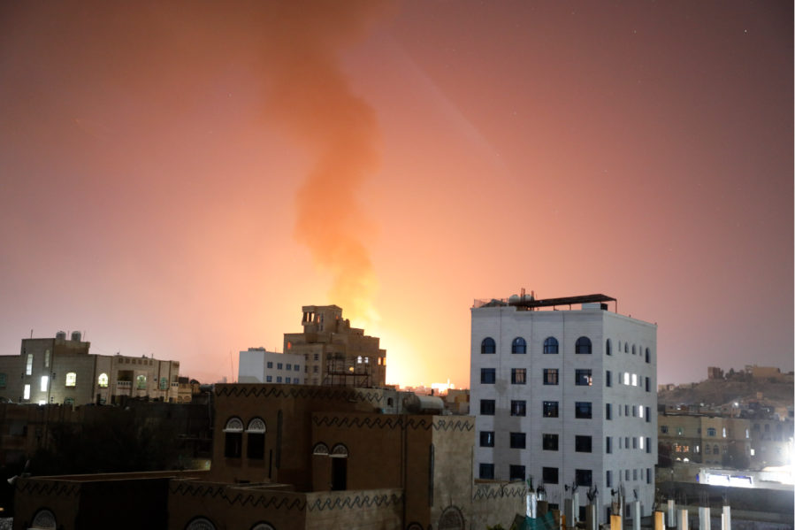 Smoke rises after the U.S.-led airstrikes on hit targets in Sanaa, Yemen, Sunday, Feb. 25, 2024.