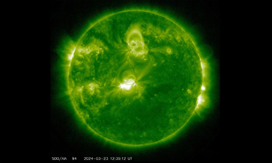 This image provided by NASA shows the Sun seen from the Solar Dynamics Observatory (SDO) satellite on Saturday, March 23, 2024. Space weather forecasters have issued a geomagnetic storm watch through Monday, March 25, 2024, saying an ouburst of plasma from a solar flare could interfere with radio transmissions on Earth and make for great aurora viewing. There's no reason for the public to be concerned, according to the alert issued Saturday night by NOAA's Space Weather Prediction Center in Boulder, Colo. (NASA via AP)