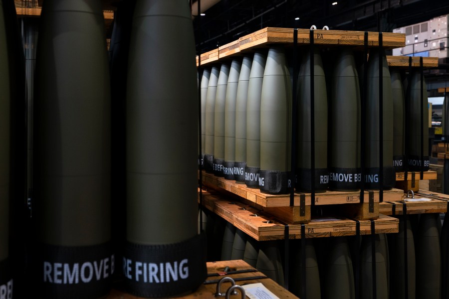 FILE -155 mm M795 artillery projectiles are stored for shipping to other facilities to complete the manufacturing process at the Scranton Army Ammunition Plant in Scranton, Pa., Thursday, April 13, 2023. The Pentagon could get weapons moving to Ukraine within days if Congress passes a long-delayed aid bill. That's because it has a network of storage sites in the U.S. and Europe that already hold the ammunition and air defense components that Kyiv desperately needs. The House approved $61 billion in funding for the war-torn country Saturday, April 20, 2024. (AP Photo/Matt Rourke, File)