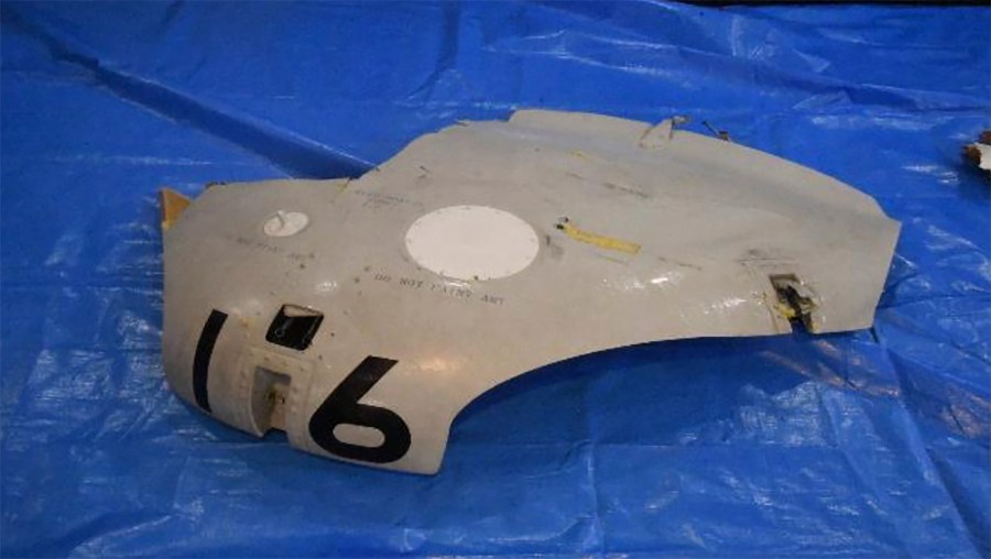 This image released by Japan Maritime Self-Defense Force shows a retrieved component which is believed to be a part of a crashed helicopter, Sunday, April 21, 2024. Initial analysis of flight data recorders recovered from the waters in the Pacific near the crash site of the two Japanese navy helicopters showed no sign that mechanical problems in the aircraft caused the accident, Japan’s defense minister said Monday, as he indicated human error. (Japan Maritime Self-Defense Force via AP)