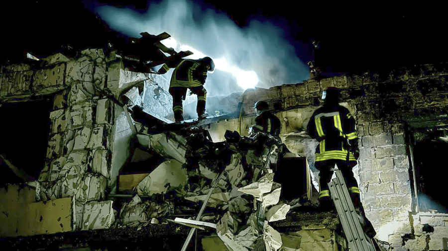 Firefighters work on the site of a burning building after a Russian drone attack in Odesa, Ukraine, on April 23, 2024.