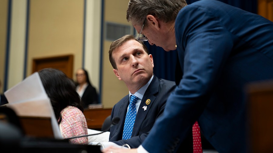 Rep. Daniel Goldman (D-N.Y.) speaks with Rep. Tim Burchett (R-Tenn.)