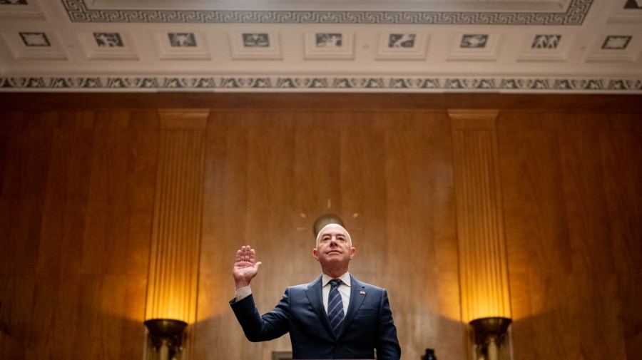 U.S. Homeland Security Secretary Alejandro Mayorkas is sworn in for a Senate Homeland Security and Governmental Affairs committee hearing on the department's budget request on Capitol Hill on April 18, 2024 in Washington, DC.