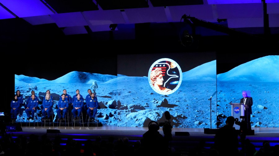 Dr. Harrison Schmitt, Apollo 17 astronaut and the first scientist to step on the Moon, delivers a speech at the graduation ceremony for Astronaut Group XXIII Tuesday, March 5, 2024 at Johnson Space Center in Houston.