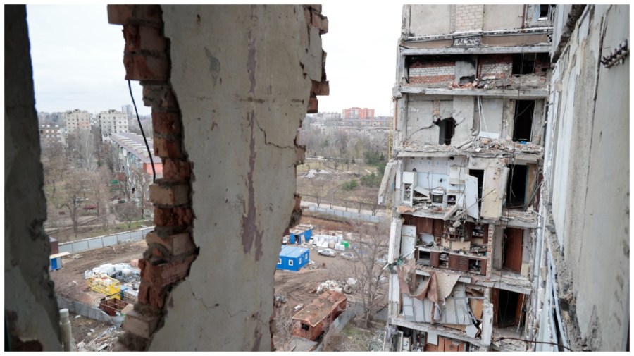 A view of an apartment building, damaged during a heavy fighting, in Mariupol, in Russian-controlled Donetsk region, eastern Ukraine, Thursday, Jan. 5, 2023. (AP Photo/Alexei Alexandrov)