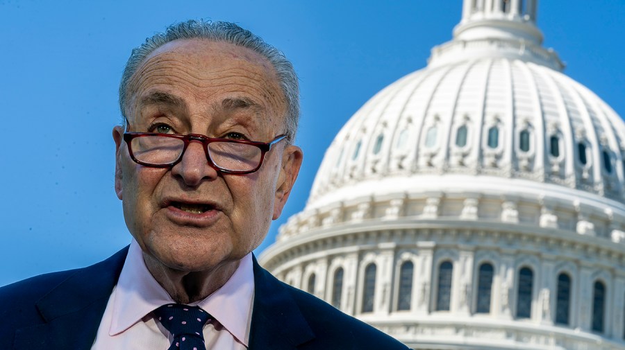 Senate Majority Leader Chuck Schumer speaks in front of the Capitol.