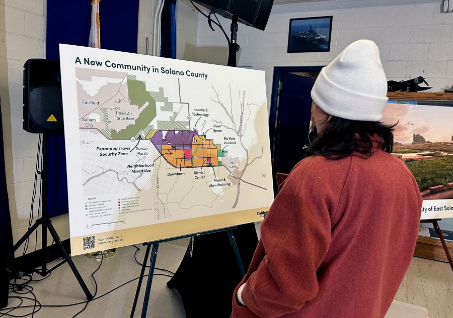 FILE - A map of a new proposed community in Solano County, Calif., is displayed during a news conference in Rio Vista, Calif. on Jan. 17, 2024. A Silicon Valley-backed initiative to build a green city for up to 400,000 people in the San Francisco Bay Area has qualified for the Nov. 5 ballot. Voters will be asked to allow urban development on land currently zoned for agriculture. (AP Photo/Janie Har, File)