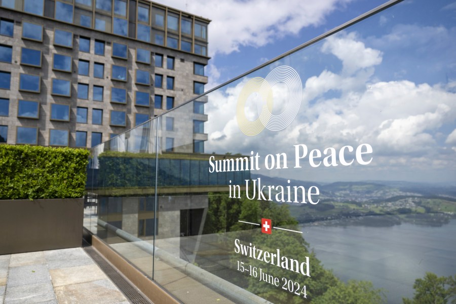 The logo of the peace summit is pictured in Buergenstock, Switzerland, Thursday, June 13, 2024. A Ukraine peace simmit with over 90 delegations from all over the world will take place at the Buergenstock Resort on Saturday, June 15 and Sunday, June 16, 2024. (Urs Flueeler/Keystone via AP)