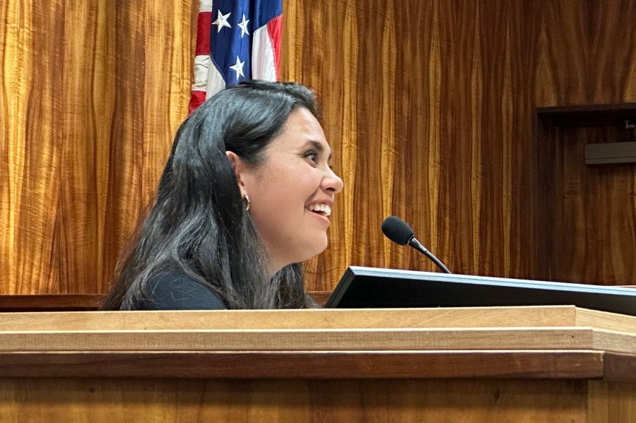 Morea Mendoza testifies in Hawaii state court in Honolulu, on Monday, June 10, 2024, about care she received from a Native Hawaiian midwife. A lawsuit by Native Hawaiian midwives and others says a Hawaii law penalizes anyone without a specific state license who provides advice, information, or care, during pregnancy, birth and postpartum. (AP Photo/Jennifer Sinco Kelleher)