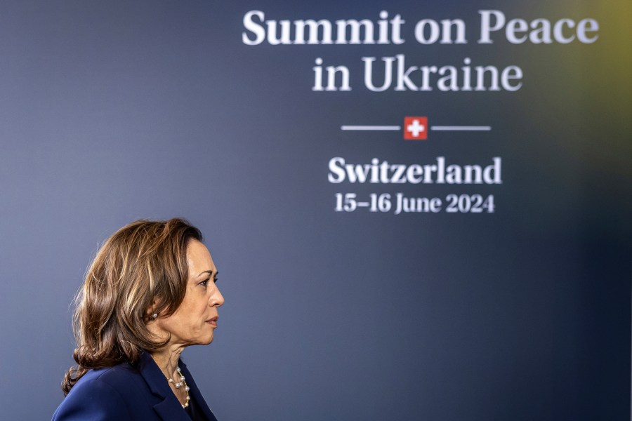 US Vice President Kamala Harris arrives at Buergenstock Resort during the Summit on peace in Ukraine, in Stansstad near Lucerne, Switzerland, Saturday, June 15, 2024. (Michael Buholzer/Keystone via AP)