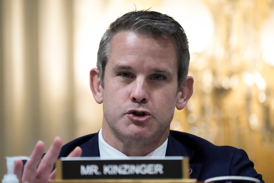 FILE - Rep. Adam Kinzinger, R-Ill., speaks as the House select committee investigating the Jan. 6 attack on the U.S. Capitol Hill in Washington on Dec. 19, 2022. The former congressman, Kinzinger, endorsed President Joe Biden on Wednesday, June 26, 2024, giving the Democrat a prominent new ally in his high-stakes campaign to win over moderate Republicans and independents this fall. (AP Photo/Jacquelyn Martin, File)