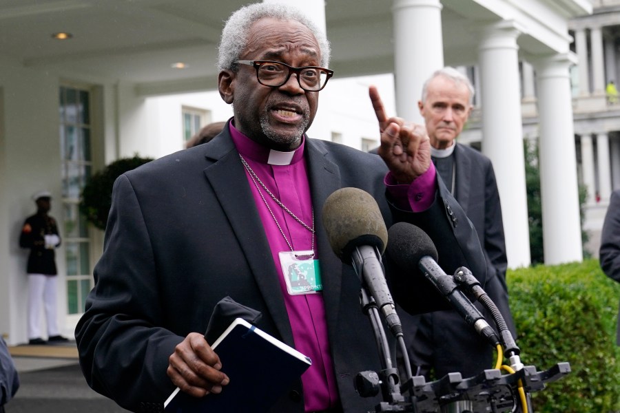FILE - Bishop Michael Curry speaks outside the West Wing of the White House in Washington, Sept. 22, 2021. The Episcopal Church, at its General Convention in Louisville, Kentucky, is scheduled to elect a new leader Wednesday, June 26, 2024 to replace Curry, who for the past nine years has served as the first African American presiding bishop of the 239-year-old denomination. (AP Photo/Susan Walsh, File)