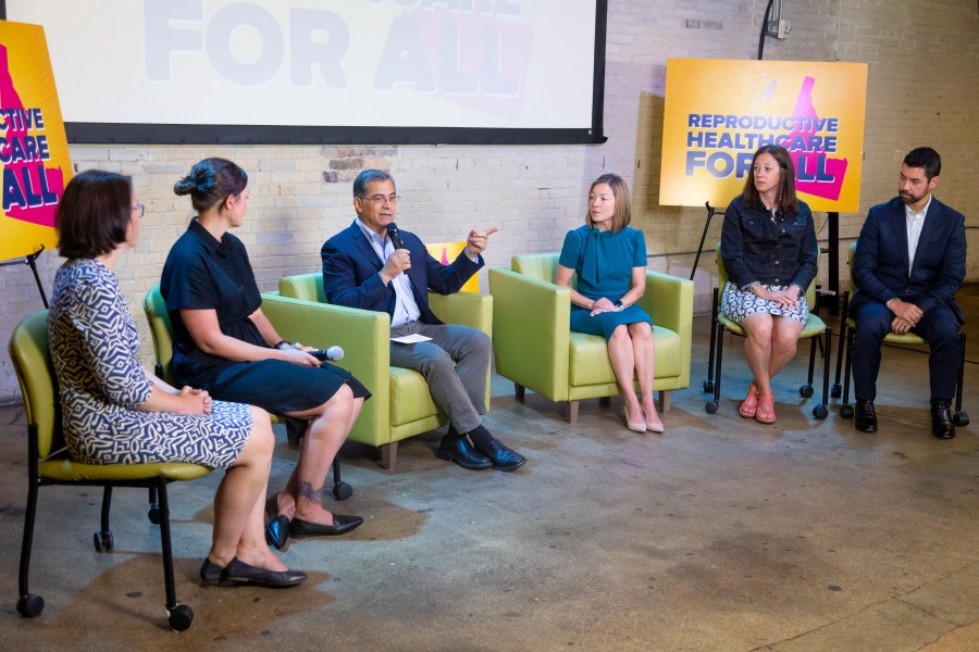 Left to right; Dr. Sara Thompson, an OBGYN provider in ldaho, Jillaine St. Michel, a patient who had to travel out of state to access abortive services, U.S. Health Secretary Xavier Becerra, Lauren McLean, Mayor, City of Boise, Dr. Julie Lyons, LY- UHNZ, St Luke's, Blaine County women's health initiative and Family Physician and Dr. Loren Colson, Cofounder, Idaho Coalition for Safe Healthcare participate in a conversation with local patients and providers who have been impacted by Idaho's abortion restrictions held at the Linen Building in Boise, Idaho, Wednesday, June 26, 2024. (AP Photo/Kyle Green)