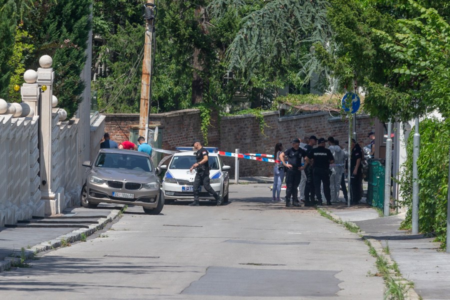 Police officers on a street close to the Israeli embassy in Belgrade, Serbia, Saturday, June 29, 2024. An attacker with a crossbow wounded a Serbian police officer guarding the Israeli Embassy in Belgrade. Serbia’s interior ministry says the officer responded by fatally shooting the assailant. (AP Photo/Marko Drobnjakovic)