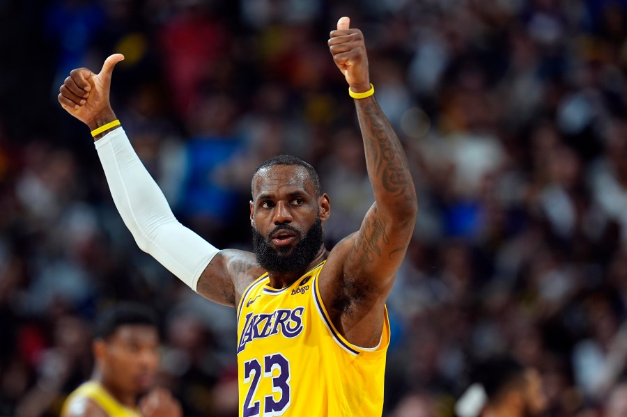 FILE - Los Angeles Lakers forward LeBron James gestures for a call in the second half of Game 5 of an NBA basketball first-round playoff series against the Denver Nuggets Monday, April 29, 2024, in Denver. James is not opting into what would have been a $51.4 million contract for this coming season and instead will seek a new deal with the Lakers, a person with knowledge of the decision said Saturday, June 29, 2024. (AP Photo/David Zalubowski, File)