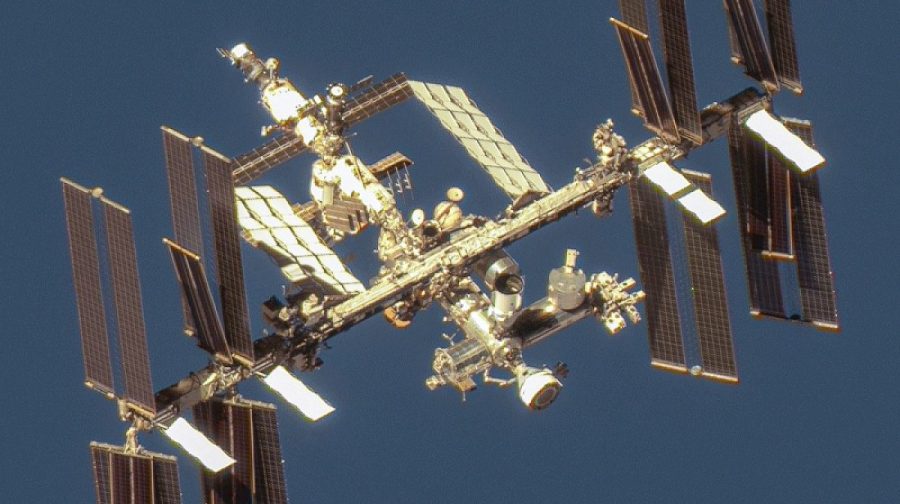 The International Space Station is seen photographed through a satellite.