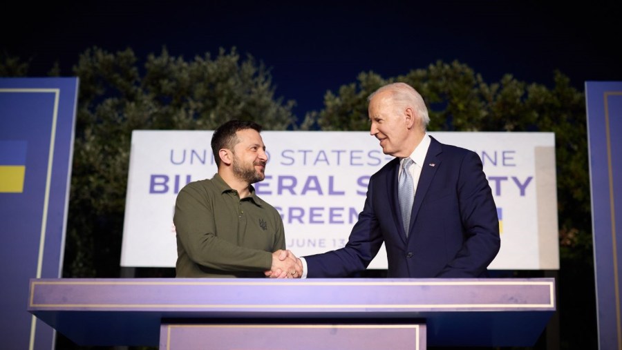 Ukrainian President Volodymyr Zelensky and President Biden shake hands.