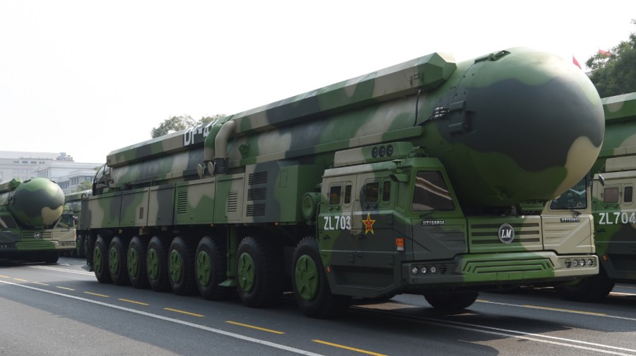 The formation of Dongfeng-41 nuclear missiles takes part in a military parade celebrating the 70th anniversary of the founding of the People's Republic of China in Beijing, capital of China, Oct. 1, 2019. (Photo by Xia Yifang/Xinhua via Getty Images)