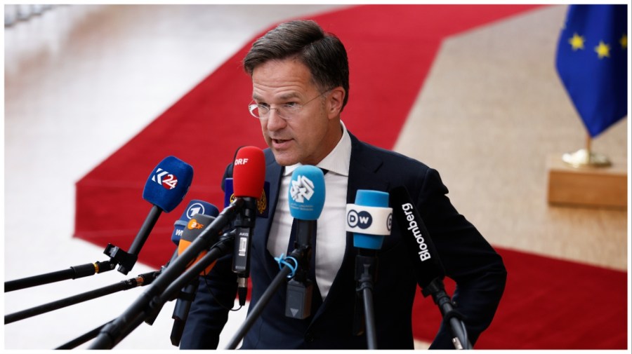 Netherland's Prime Minister Mark Rutte speaks with the media as he arrives for an EU summit at the European Council in Brussels, Monday, June 17, 2024. (AP Photo/Omar Havana)