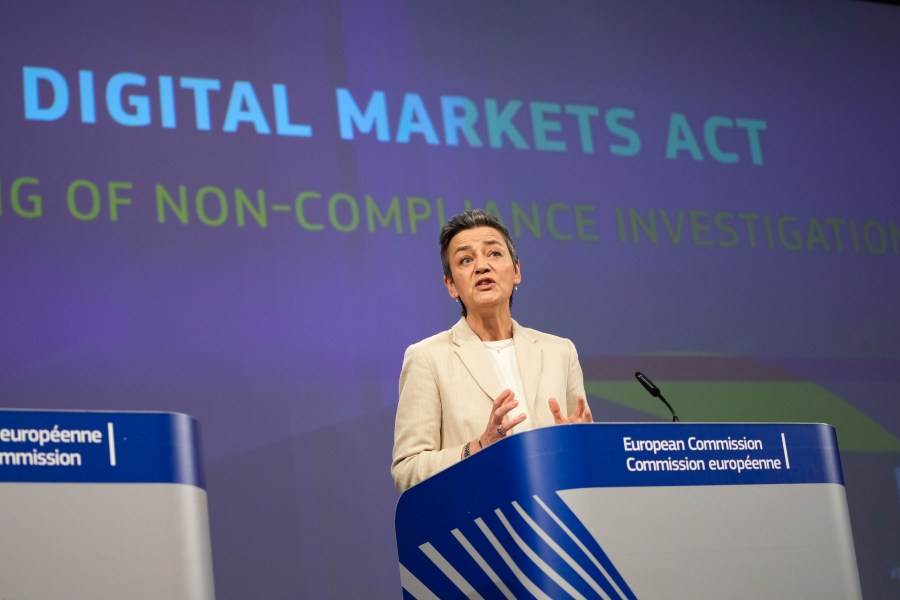 FILE - European Commissioner for Europe fit for the Digital Age, Margrethe Vestager speaks during a media conference regarding the Digital Markets Act at EU headquarters in Brussels, on March 25, 2024. European Union regulators accused social media company Meta Platforms on Monday, July 1, 2024 of breaching the bloc's new digital competition rulebook by forcing Facebook and Instagram users to choose between seeing ads or paying to avoid them. (AP Photo/Virginia Mayo)