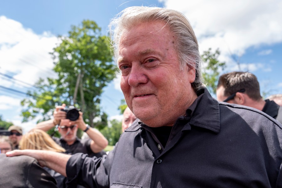 Steve Bannon arrives to speak outside Danbury Federal Correctional Institution, Monday, July 1, 2024, in Danbury, Conn. Bannon was taken into custody after surrendering at the federal prison to begin a four-month sentence on contempt charges for defying a subpoena in the congressional investigation into the U.S. Capitol attack. (AP Photo/Julia Nikhinson)