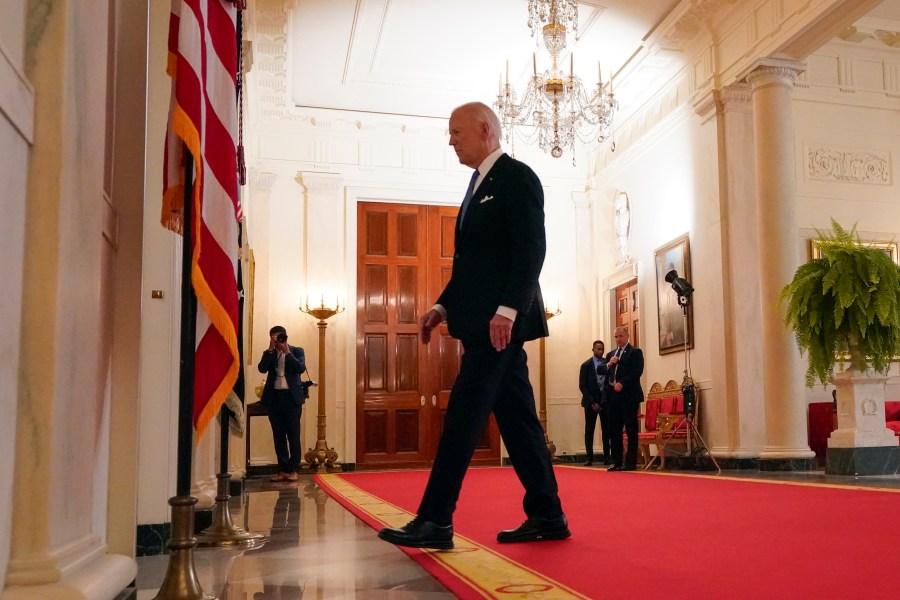 President Joe Biden walks from the podium after speaking in the Cross Hall of the White House Monday, July 1, 2024, in Washington. (AP Photo/Jacquelyn Martin)