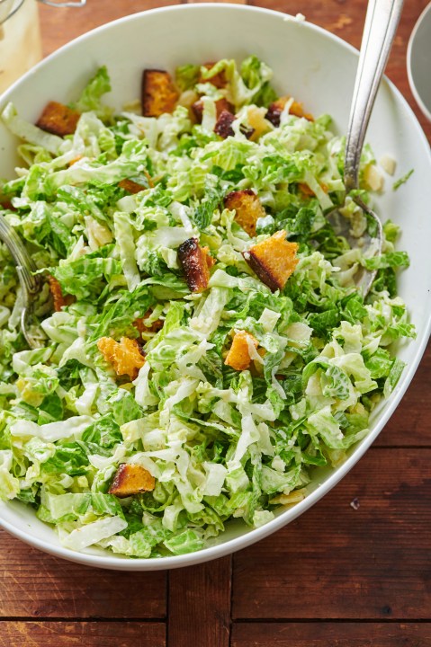 This 2019 image shows a caesar salad recipe in New York. (Cheyenne Cohen via AP)