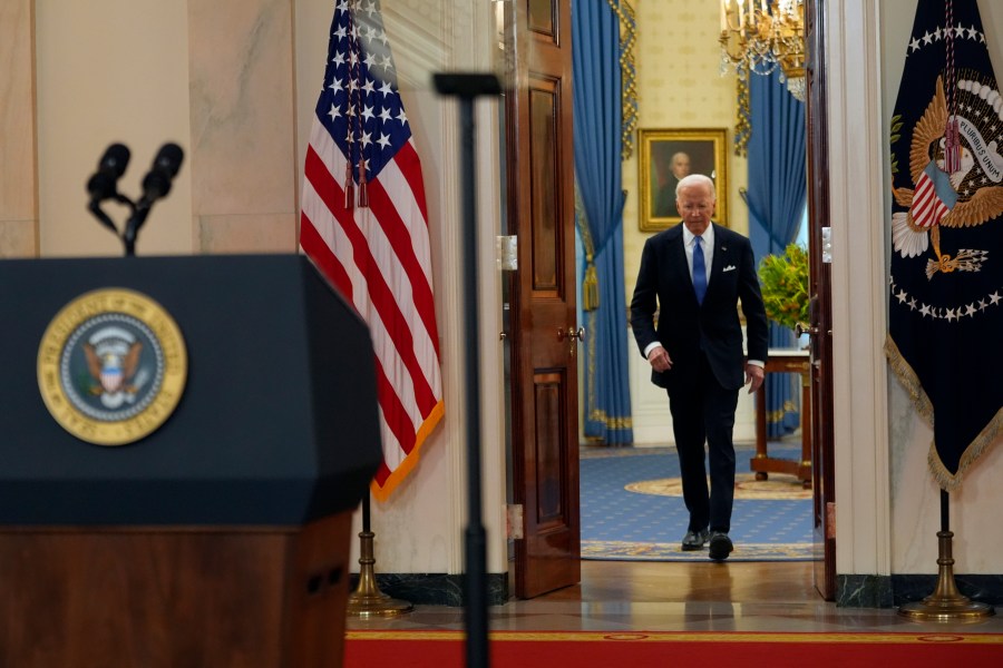 President Joe Biden arrives to speak in the Cross Hall of the White House Monday, July 1, 2024, in Washington. (AP Photo/Jacquelyn Martin)