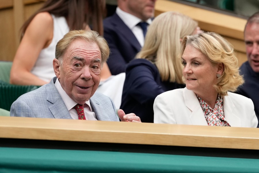 Andrew Lloyd Webber and Madeleine Gurdon in the royal box for the third round matches on Centre Court at the Wimbledon tennis championships in London, Friday, July 5, 2024. (AP Photo/Alberto Pezzali)