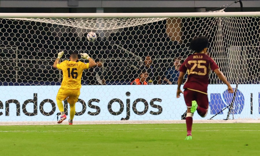 Canada goalkeeper Maxime Crepeau (16) allows a second half goal during a Copa America quarterfinal soccer match between Venezuela and Canada in Arlington, Texas, Friday, July 5, 2024. (AP Photo/Richard Rodriguez)