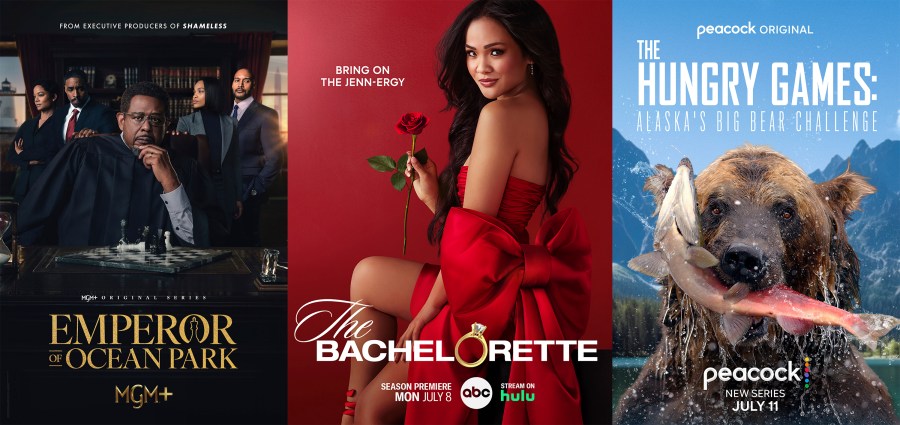 This combination of photos shows promotional art for the series "Emperor of Ocean Park," left, the reality romance series "The Bachelorette," center, and "The Hungry Games: Alaska’s Big Bear Challenge." (MGM+/ABC/Peacock via AP)